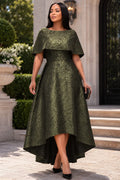 Green Round Neck Cape Sleeve Short Sleeve High Low Hem Pocket Jacquard Midi Dresses [Pre-Order]