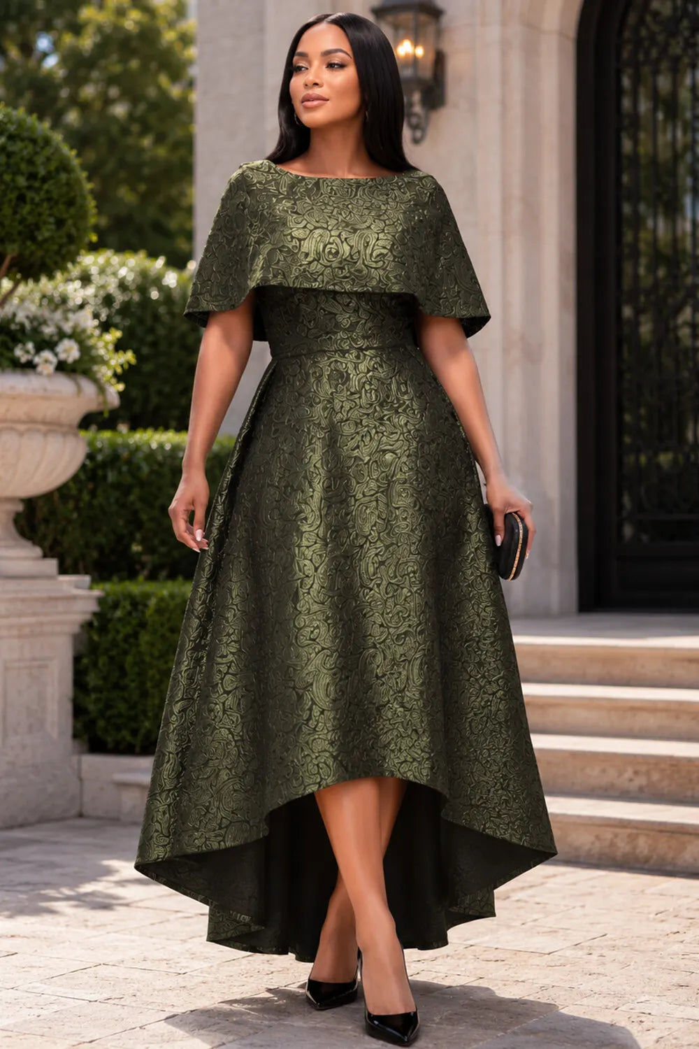 Green Round Neck Cape Sleeve Short Sleeve High Low Hem Pocket Jacquard Midi Dresses [Pre-Order]