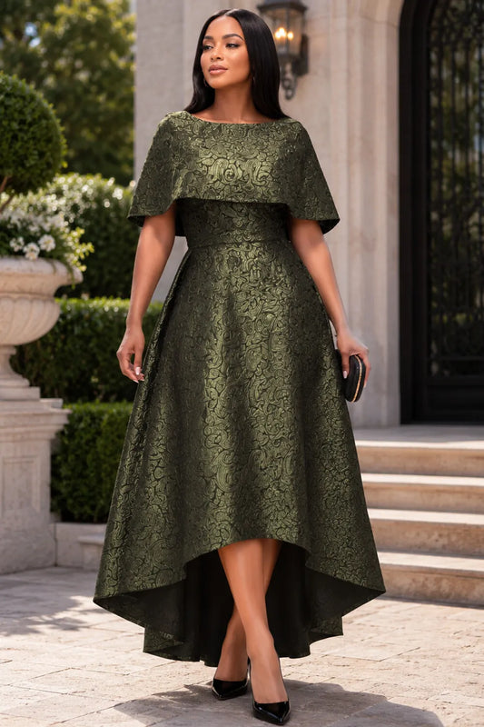 Green Round Neck Cape Sleeve Short Sleeve High Low Hem Pocket Jacquard Midi Dresses