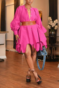 Women's Fashion Puff Sleeve Asymmetric-Hem Dress with Belt