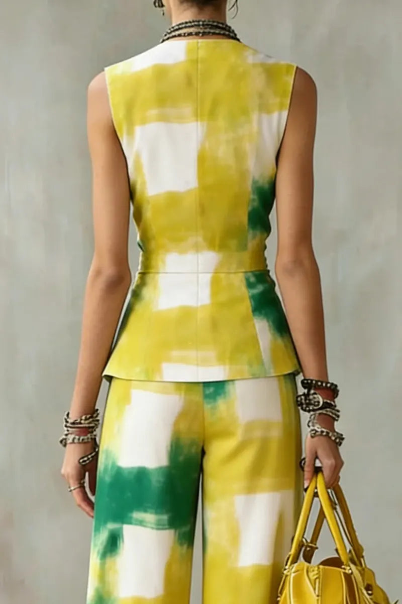 Ladies' Casual Printed V-Neck Shirt And Straight Leg Pants