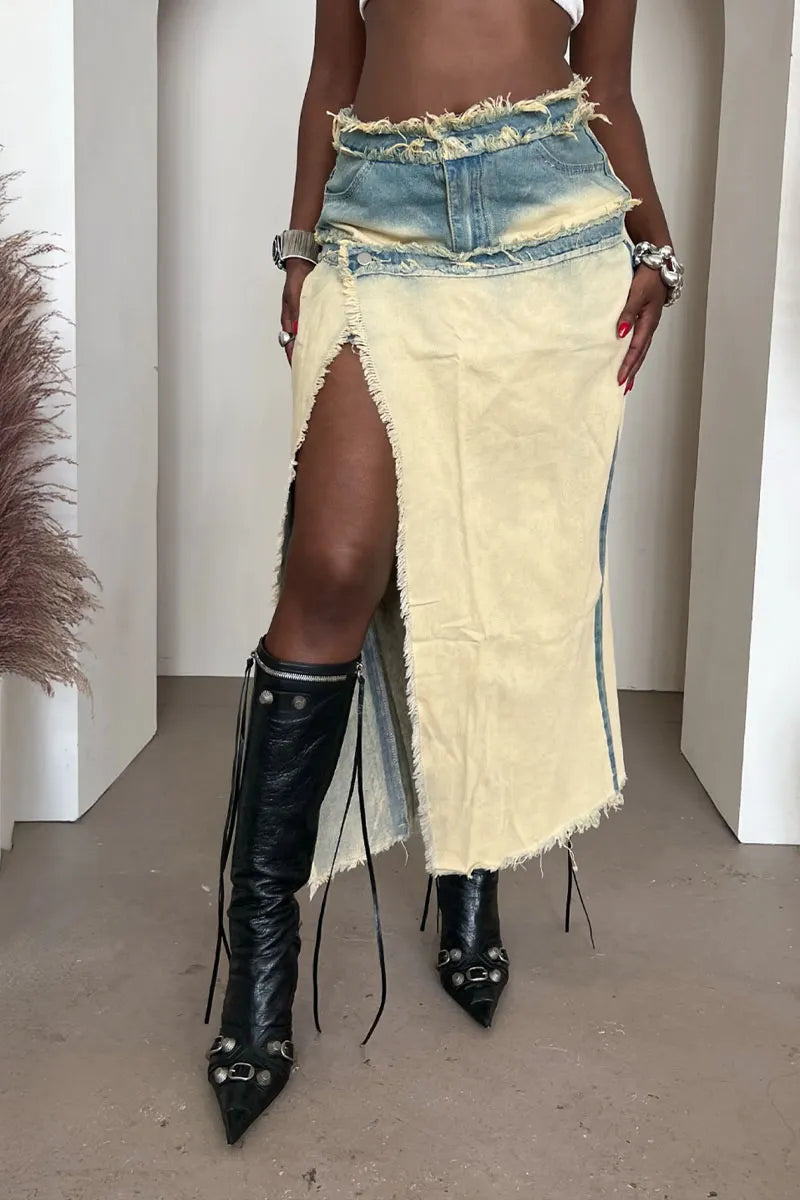 Women's Y2K Style Frayed Edge Asymmetric Split Denim Maxi Skirt