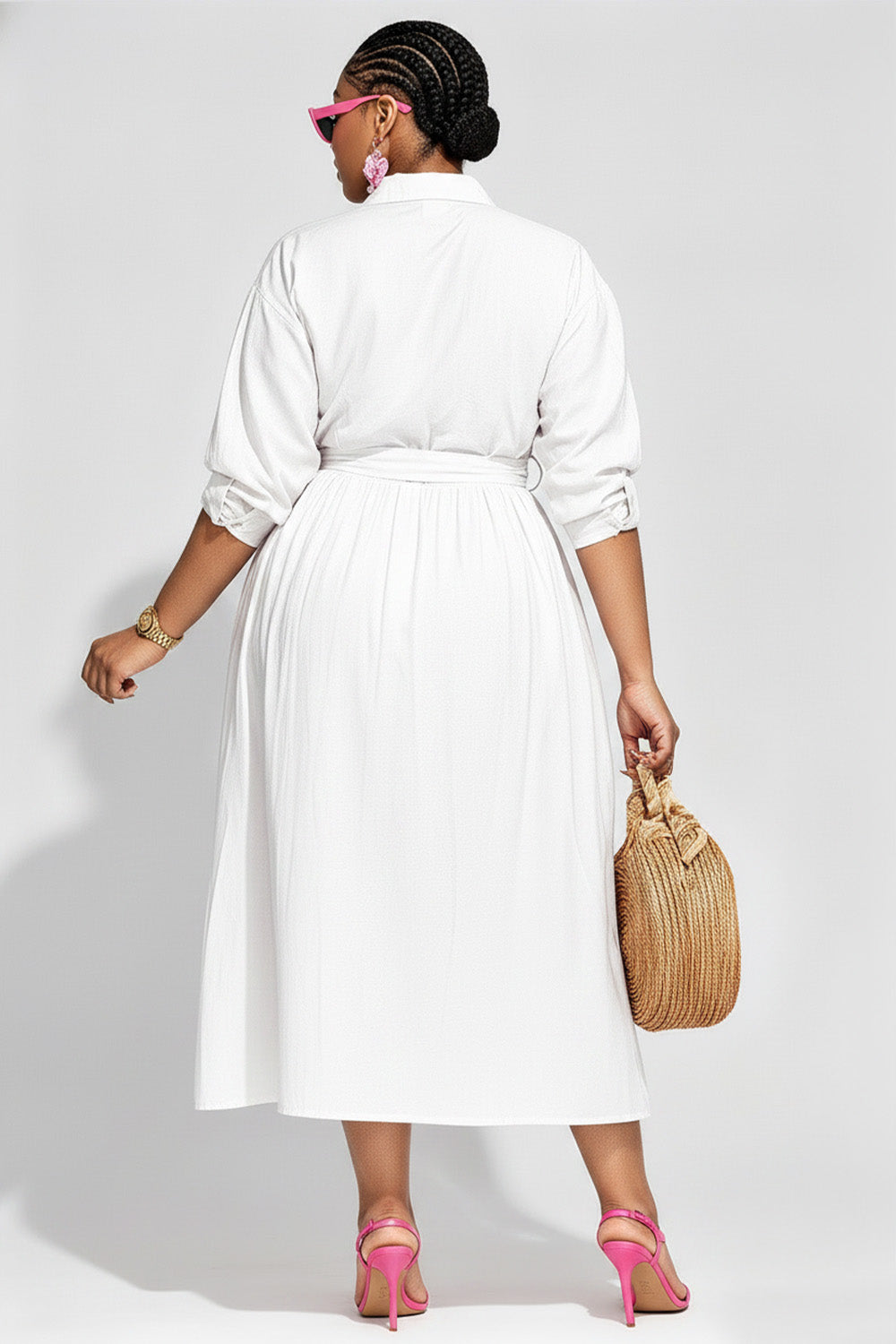 Vacation White Shirt Collar Half Sleeve Pocket Midi Dresses