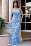 Strapless 3D Floral Decor Mermaid Slim Fit Evening Gowns Maxi Dresses-Blue