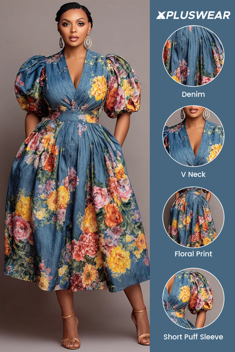Xpluswear Design Plus Size Party Blue Floral V Neck Puff Sleeve Short Sleeve Pocket Denim Midi Dresses