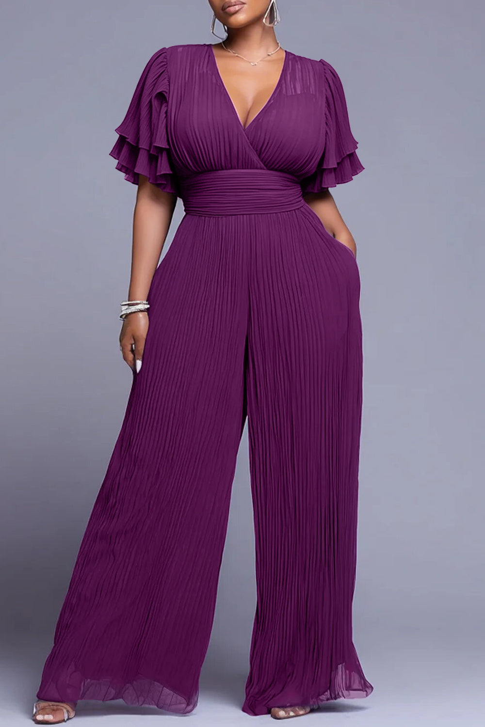 Business Casual Purple V Neck Short Sleeve Pleated Pocket Chiffon Jumpsuits