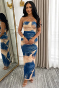 Tie Dye Print Crossover Halter Neck Ruched Slim Vacation Maxi Dresses-Blue