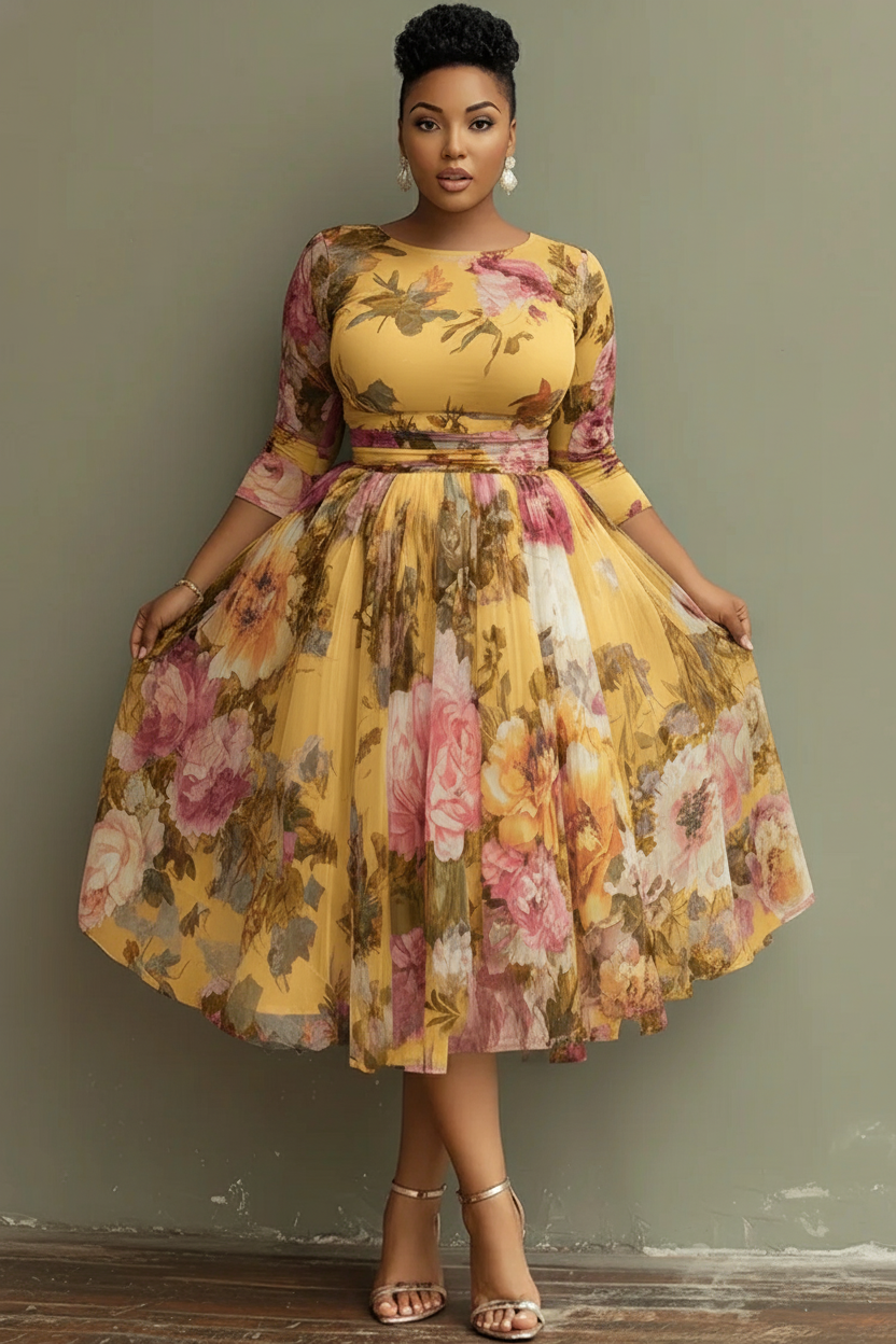 Vacation Sage Green Floral Round Neck 3/4 Sleeve See Through Tulle Midi Dresses