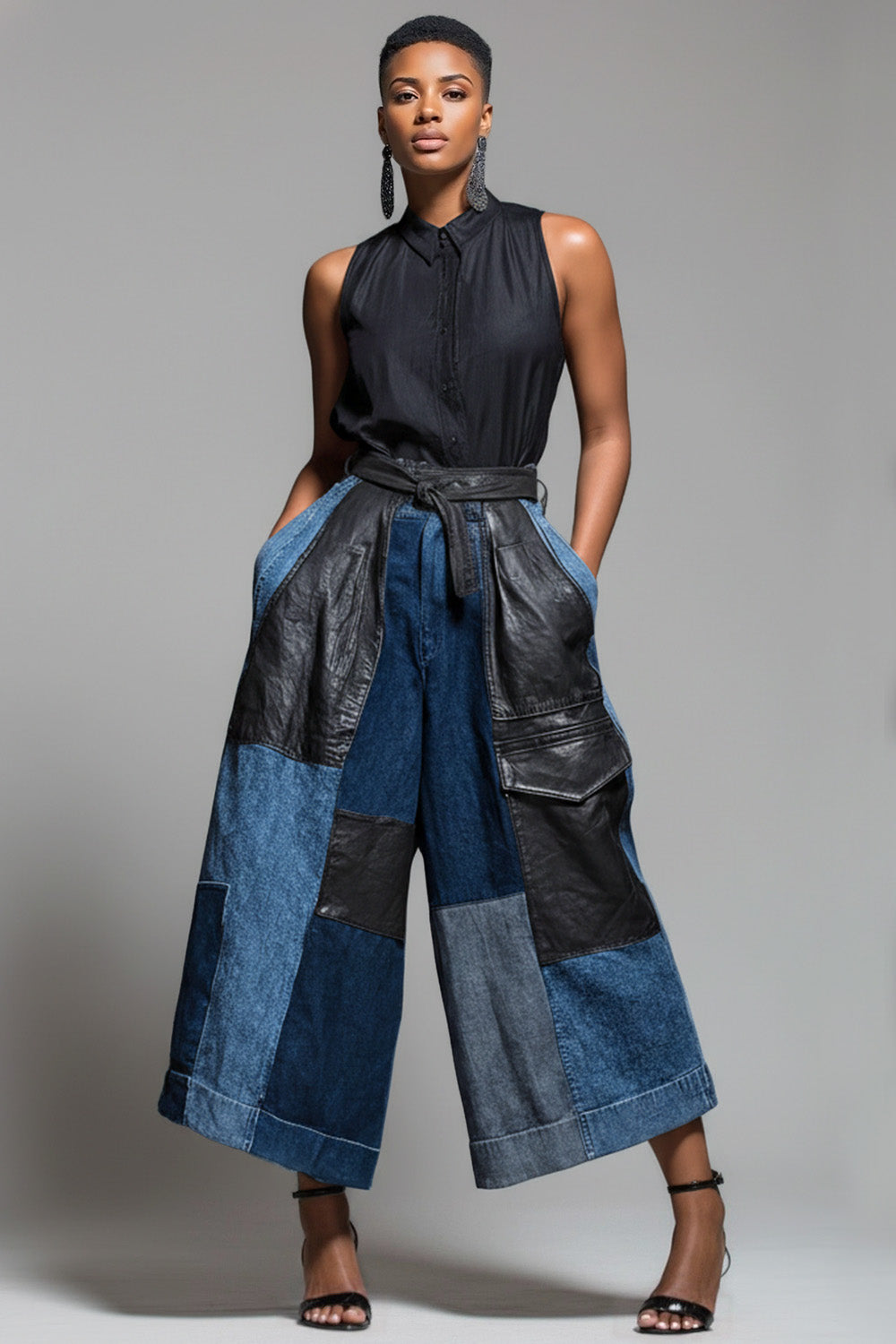 Xpluswear Design Plus Size Daily PU Leather Blue Contrast Pocket Denim Pants