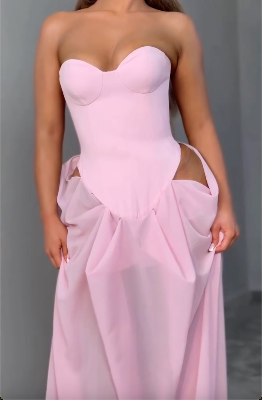 Blush Strapless Maxi Dress with Side Cutouts & Draped Skirt