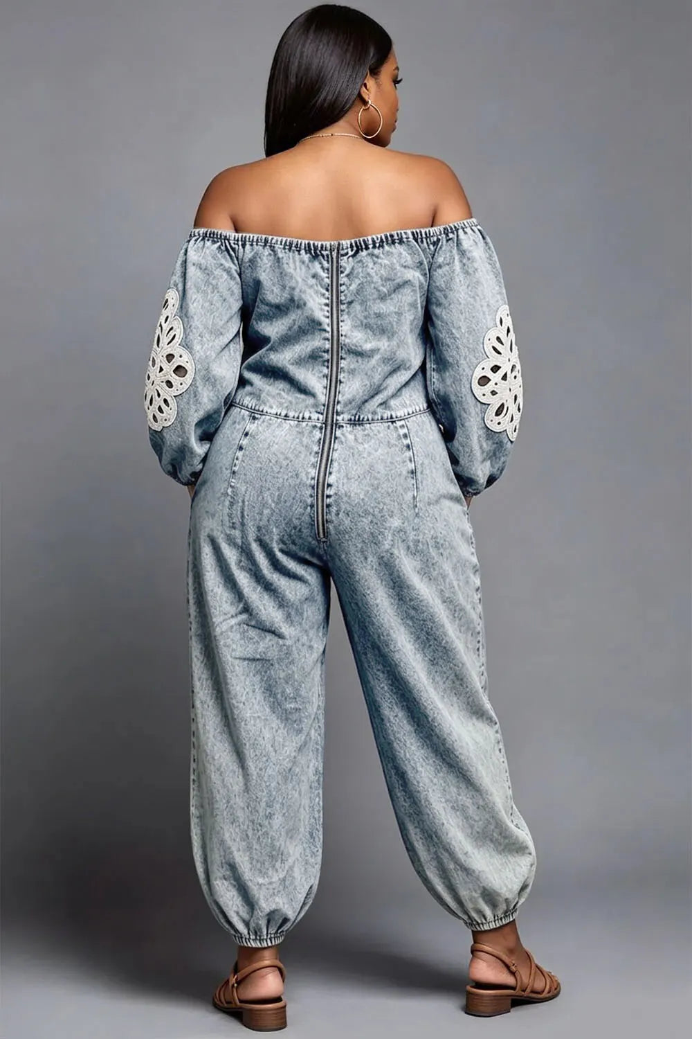 Xpluswear Design Plus Size Vacation White Off The Shoulder Half Sleeve Cut Out Pocket Denim Jumpsuits [Pre-Order]