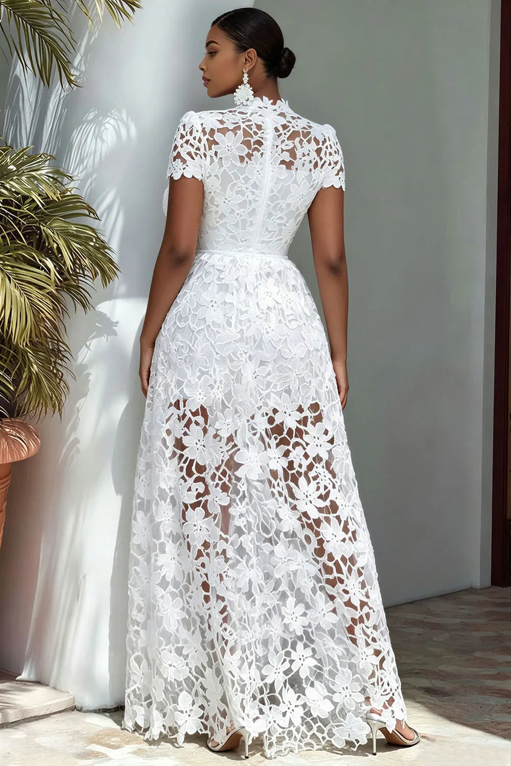 Vacation White V Neck Short Sleeve Split See Through Maxi Dresses