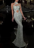 Silver Sequin Crisscross Halter Cutout Mermaid Maxi Dress