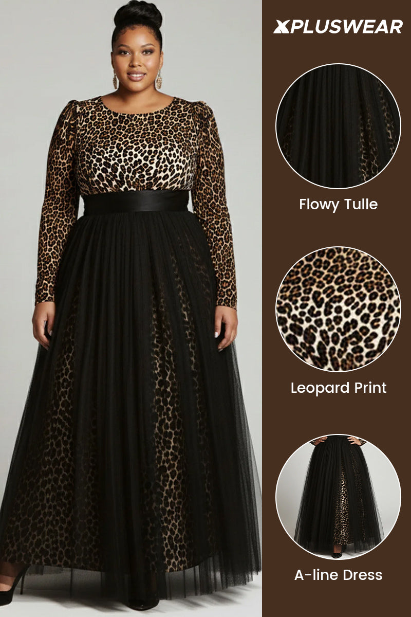 Black Leopard Round Neck Long Sleeve Contrast Elegant Tulle Maxi Dresses