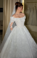 White Lace Off-Shoulder Long Sleeve Ball Gown Wedding Dress