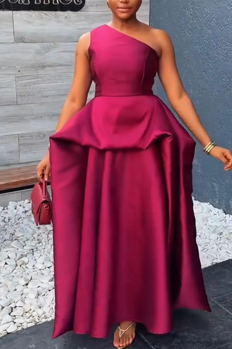 Women Oblique Shoulder Patchwork Solid Color Elegant Temperament Dress