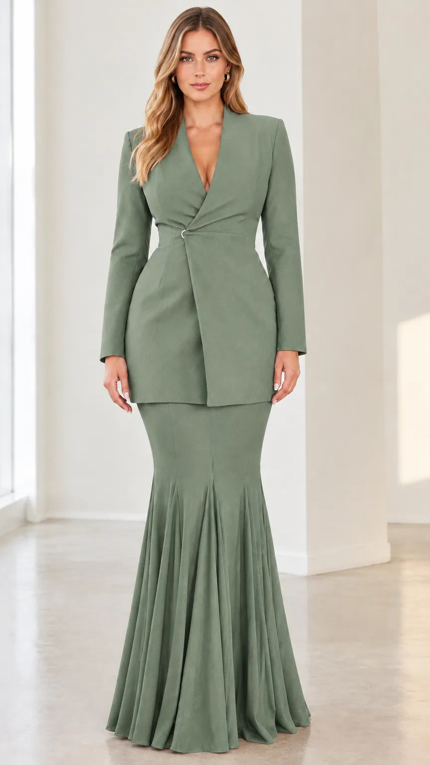 Tailored Blazer and Pleated Mermaid Maxi Skirt Two-Piece Set