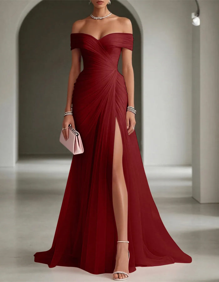 Solid Color Off Shoulder Mesh Ruching And Slit  Maxi Dress