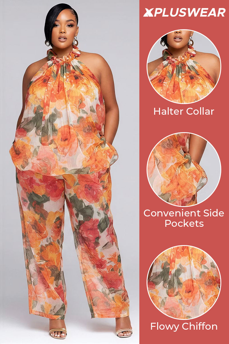Daily Orange Floral Halter Collar Pocket Chiffon Two Piece Pant Sets