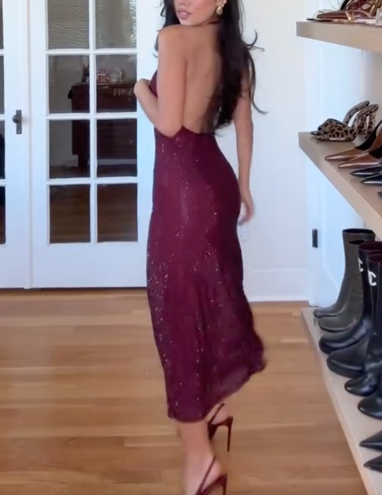 Burgundy Sequin Halter Midi Dress with Backless Design & Plunging V-Neck