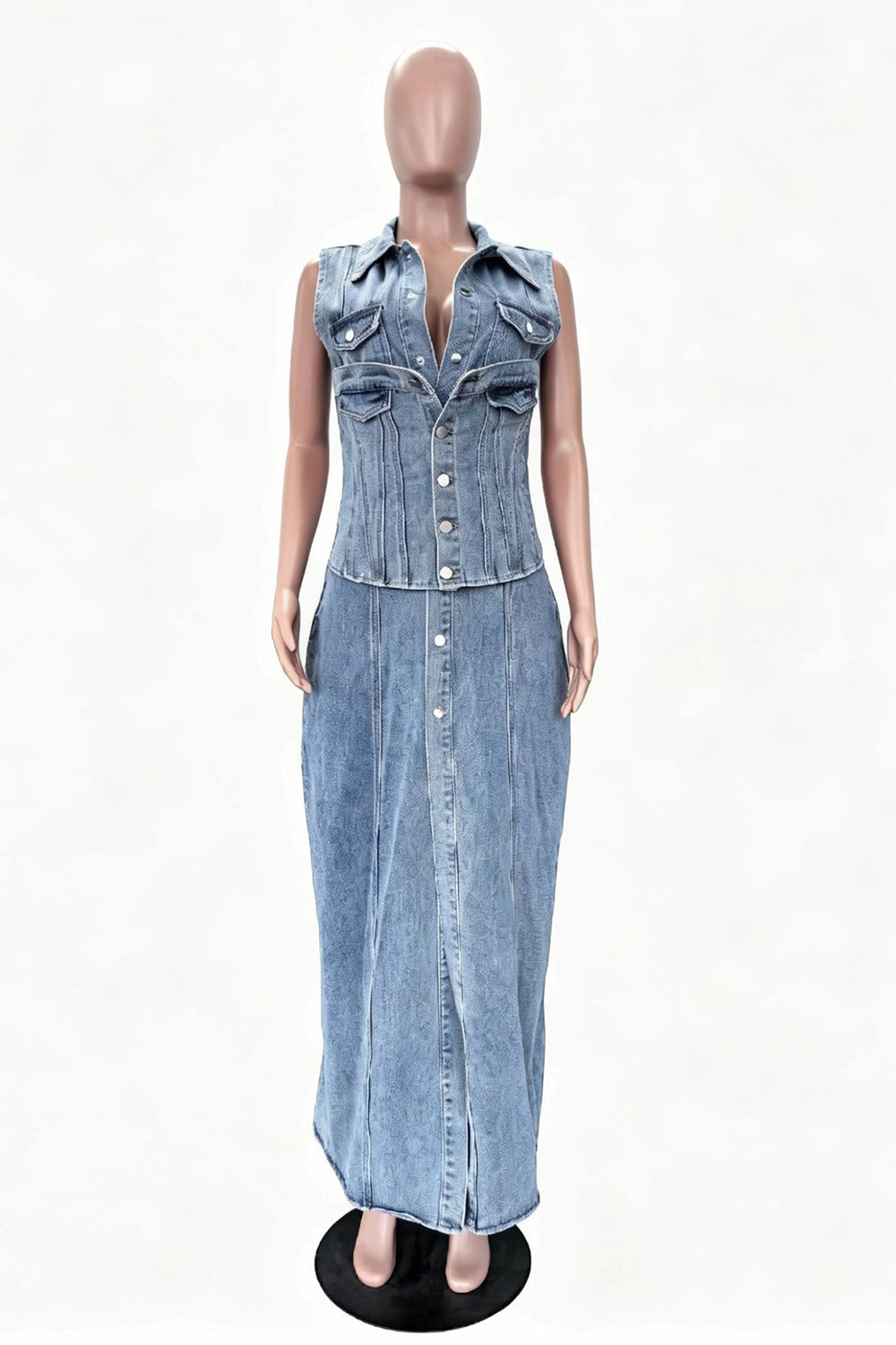 Denim Turndown Collar Sleeveless Slit Slim Fit Casual Maxi Dresses-Blue