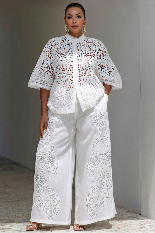 Vacation White Stand-Up Collar Flare Half Sleeve Cut Out Pocket Guipure Lace Two Piece Pant Sets