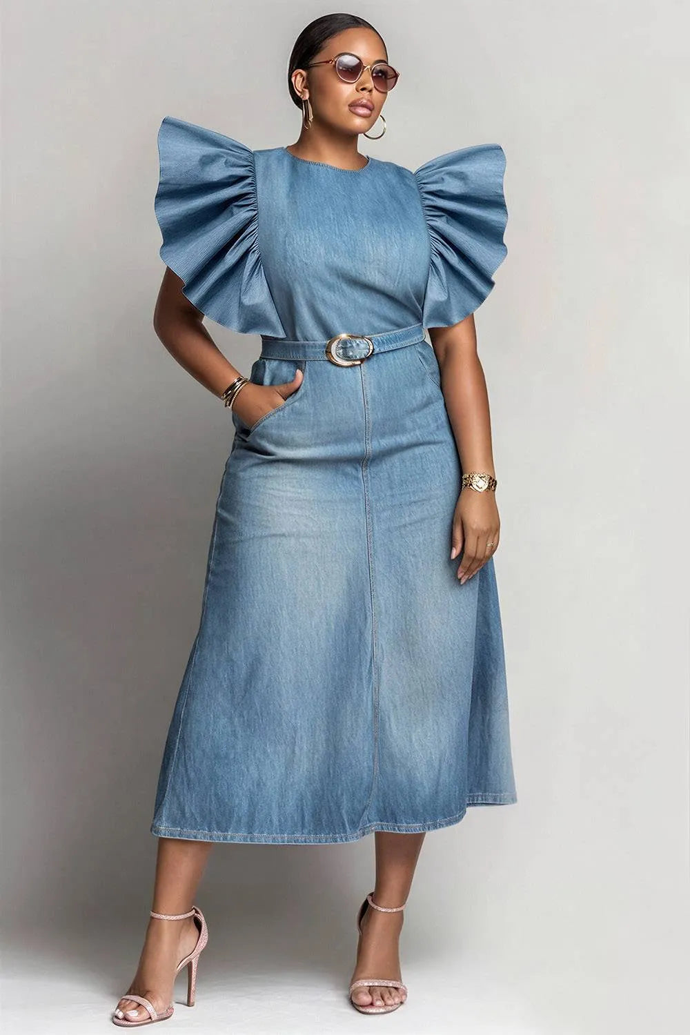 Xpluswear Design Plus Size Business Casual Light Blue Round Neck Flutter Sleeve Short Sleeve Pocket Tencel Denim Midi Dresses