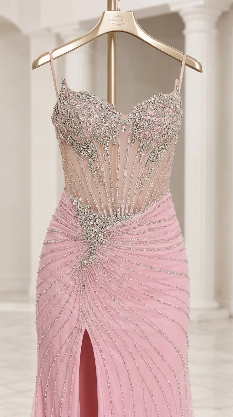 Beaded Corset Illusion Bodice Evening Gown with Thigh Slit