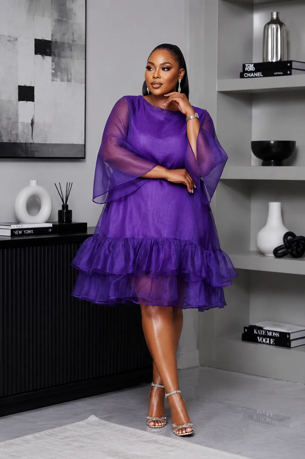 Party Elegant Brown Round Neck Flare Short Sleeve Ruffle Organza Midi Dresses