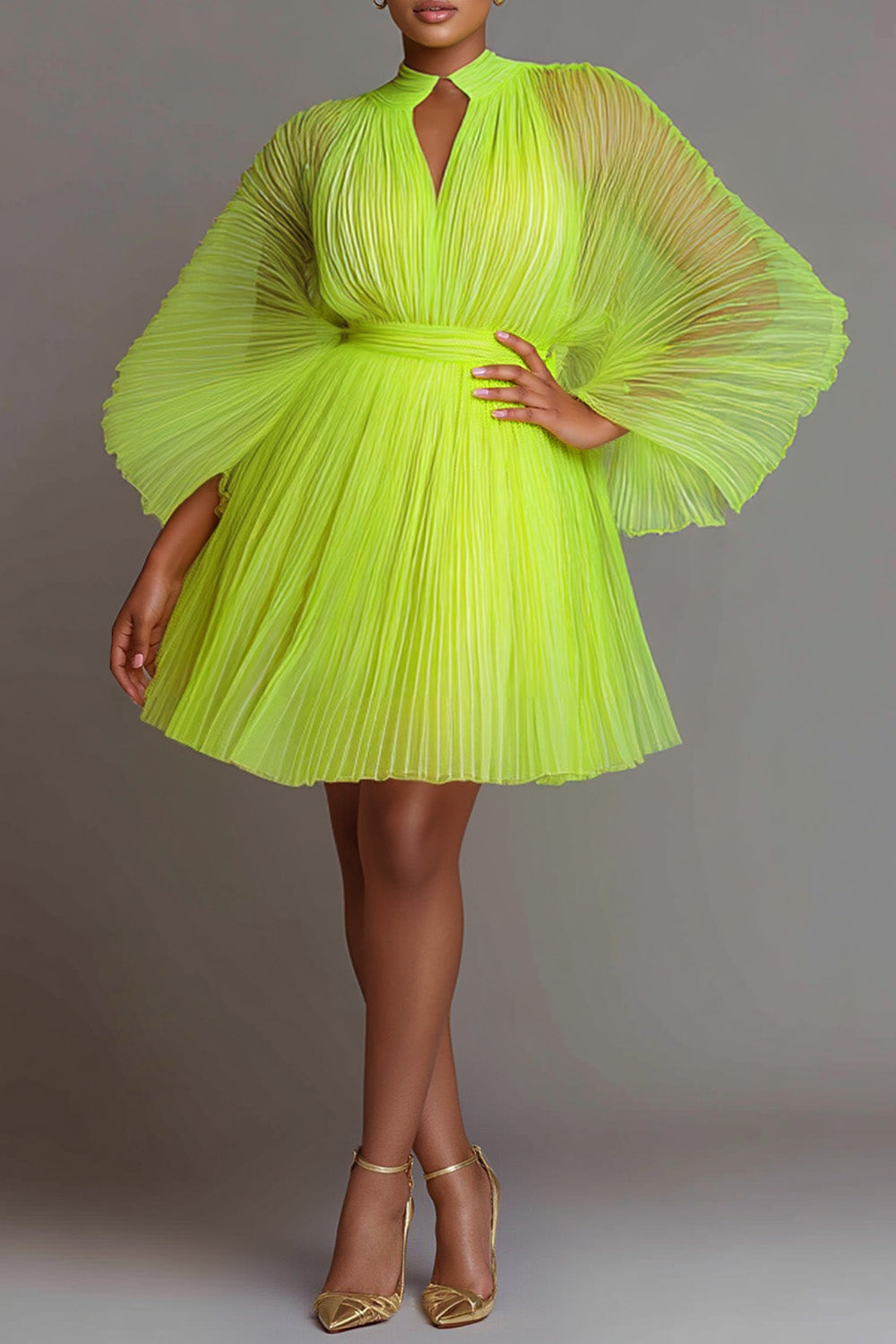 Party Fluorescent Green Stand-Up Collar Lantern Sleeve Long Sleeve Pleated See Through Tulle Mini Dresses