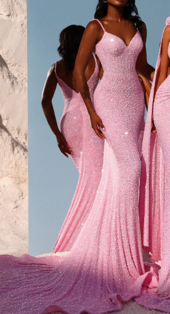 Glam V Neck Pink Spaghetti Strap Sequin Maxi Dress