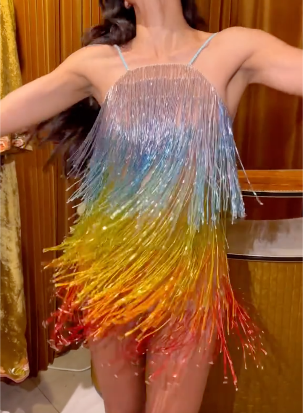 Rainbow Ombre Metallic Fringe Halter Mini Dress