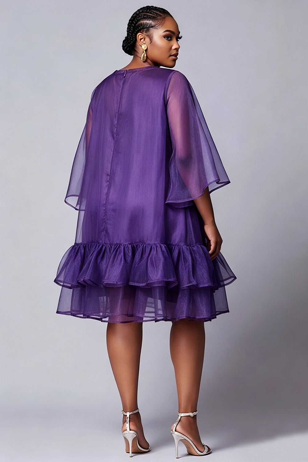 Party Elegant Brown Round Neck Flare Short Sleeve Ruffle Organza Midi Dresses