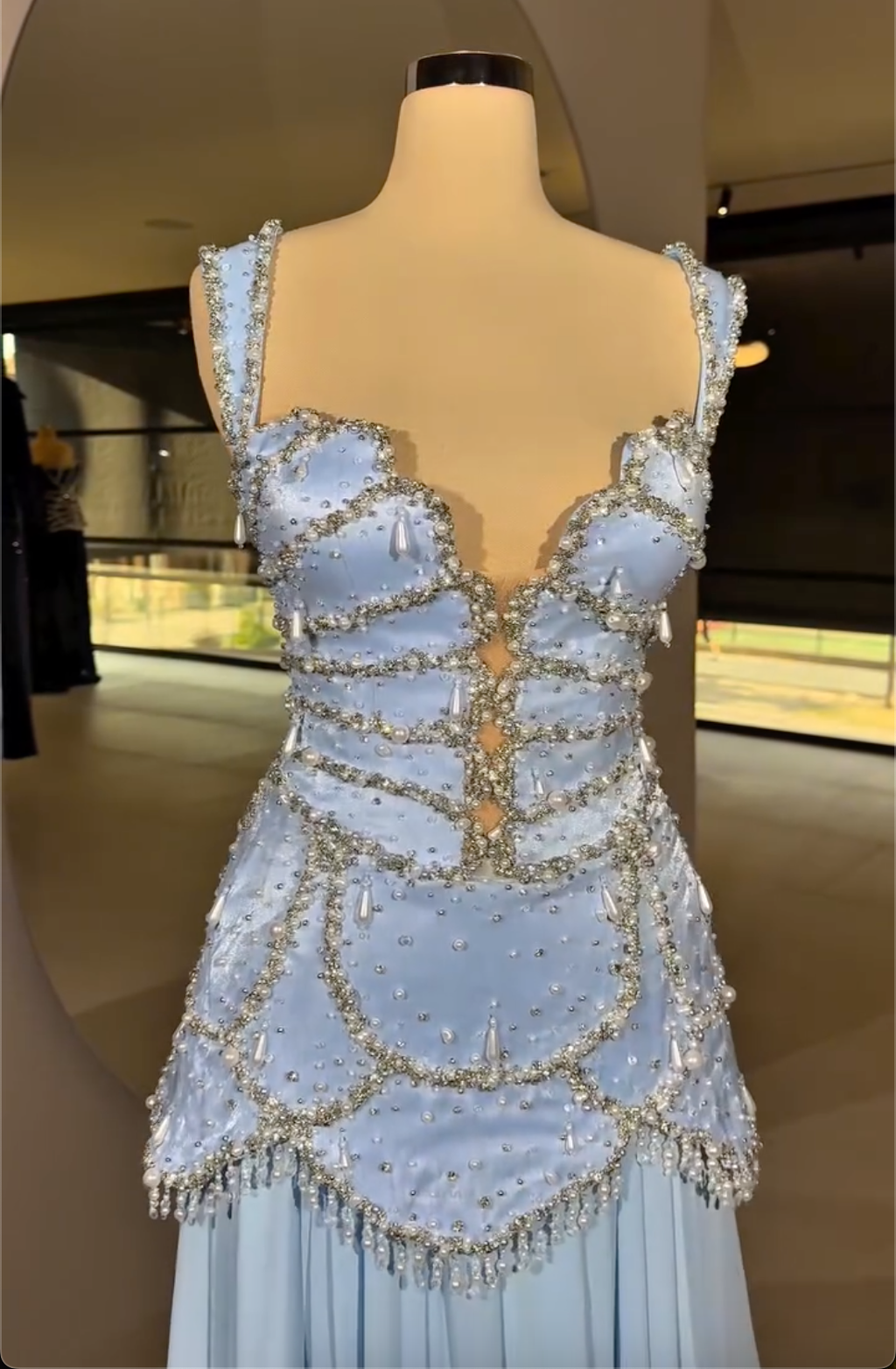 Sky Blue Spaghetti Strap Maxi Dress with Crystal Beading & Teardrop Embellishments
