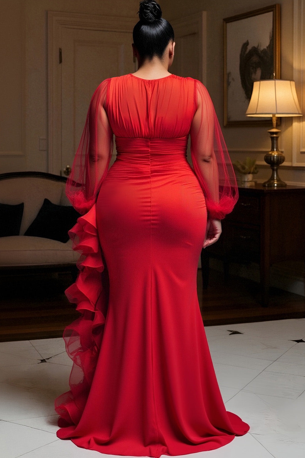 Red Round Neck Lantern Sleeve Long Sleeve Ruffle Elegant See Through Tulle Satin Maxi Dresses