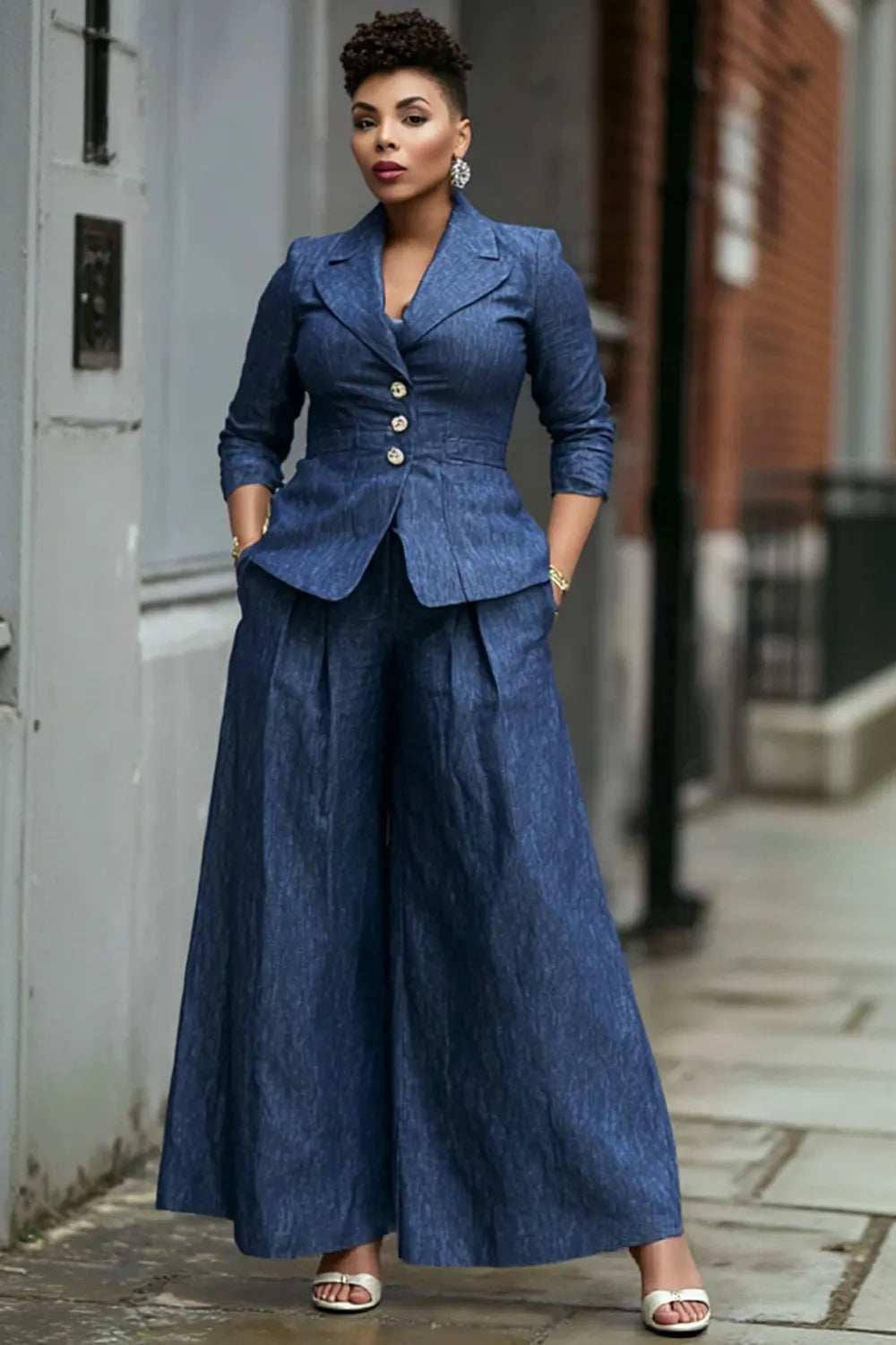 Xpluswear Design Plus Size Business Casual Elegant Blue Lapel Collar 3/4 Sleeve Pocket Wide Leg Tencel Denim Two Piece Pant Suits