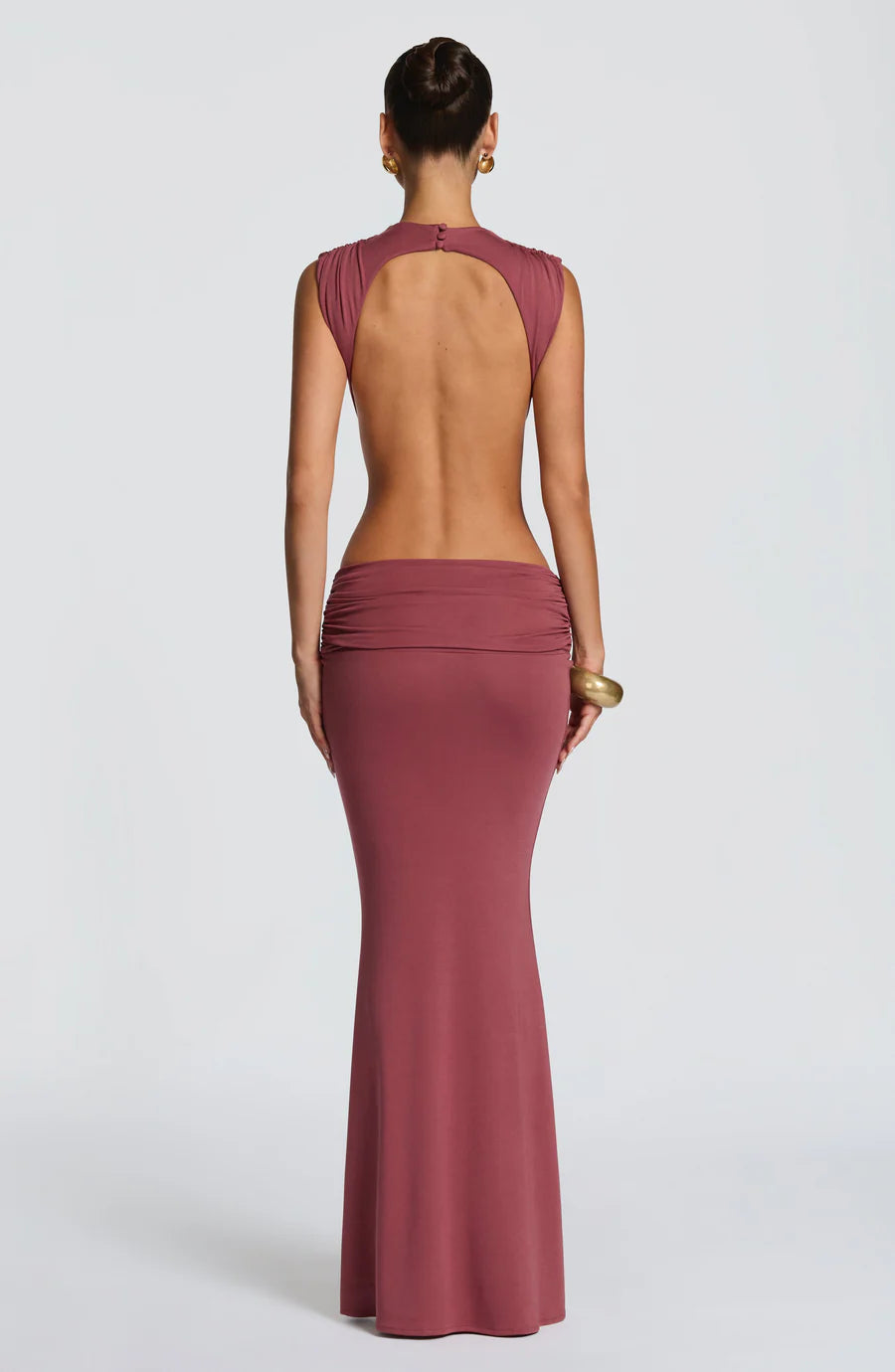 Red/Black Backless Cutout Ruched Maxi Dress - High Neck Sleeveless Bodycon Evening Gown