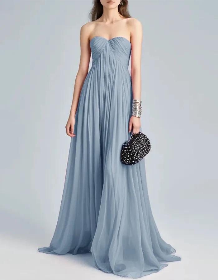 Strapless Pleated Chiffon Maxi Dress