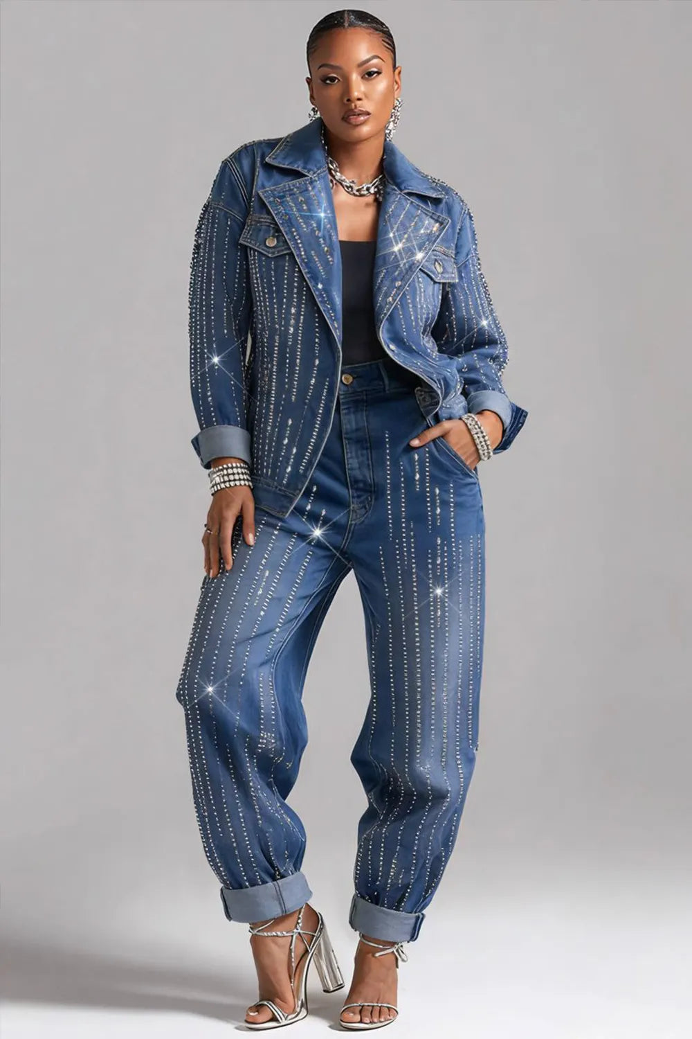 Xpluswear Design Plus Size Party Blue Turndown Collar Long Sleeve Drilling Elegant Pocket Denim Two Piece Pant Sets