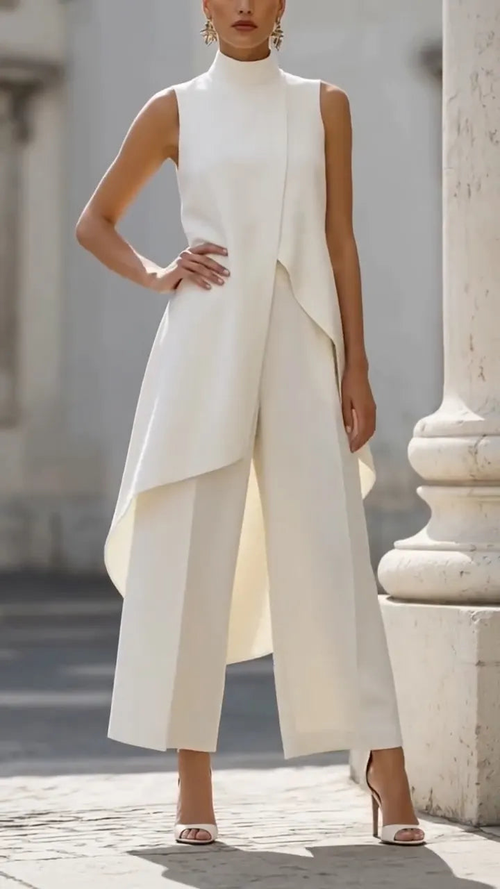 High Neck Asymmetrical Layer Vest & Wide Leg Pant Two Piece Formal Set