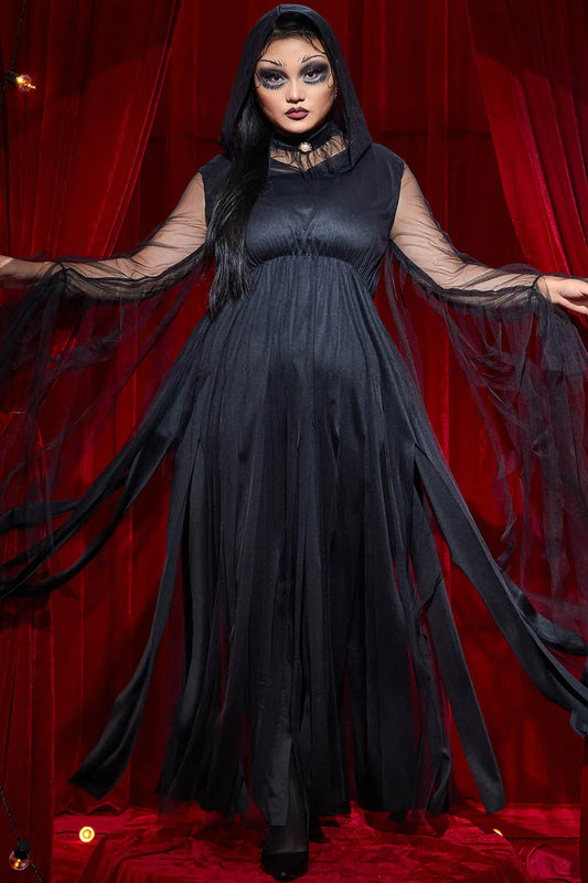 Halloween Costume Gothic Black Mesh Fringe Maxi Dress(Ships 24h)