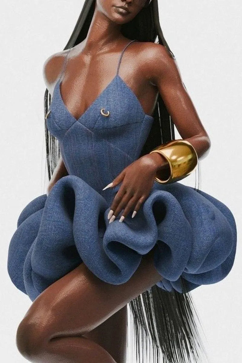 Women Spaghetti Strap V-Neck Gold Accent Sculptural 3D Ruffle Denim Bubble Mini Dress