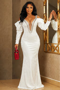 Deep V Neck Cold Shoulder Mermaid Gowns Maxi Dresses-White [Pre Order]