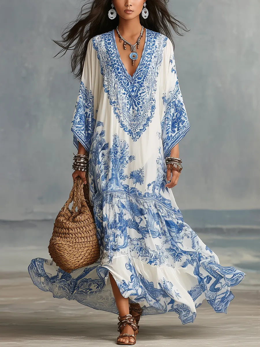 Bohemian Blue & White Porcelain Print V-Neck Maxi Dress