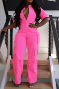 Plus Size Casual Jumpsuit Pink Denim-Like Cargo Jumpsuit With Pocket