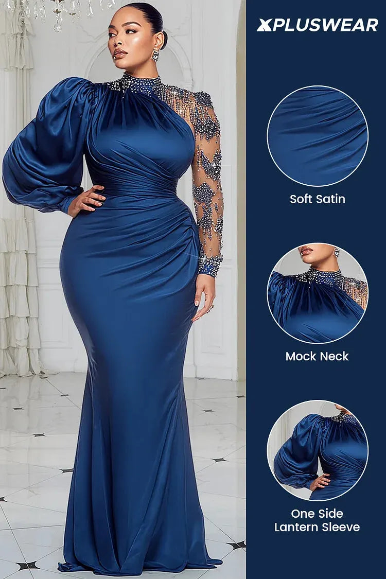 Blue Mock Neck Lantern Sleeve Long Sleeve Drilling Elegant See Through Tulle Satin Maxi Dresses