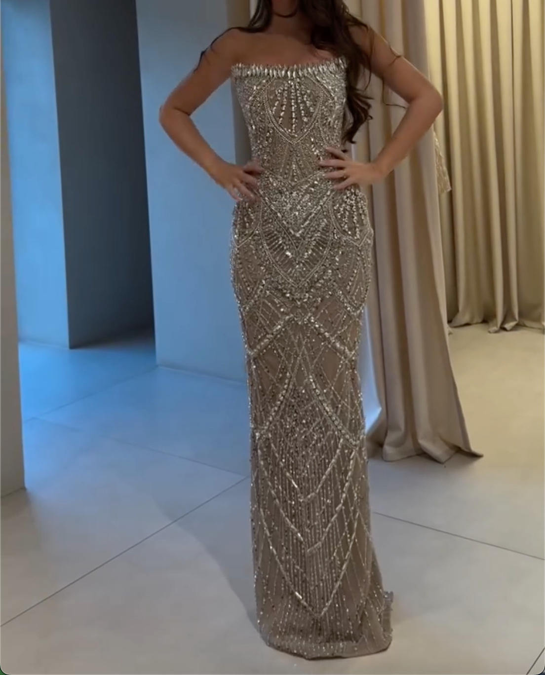 Silver Strapless Crystal Beaded Dress - Mini & Maxi Formal Evening Gown