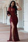 Lace Sleeveless Chest Cut Out Slit Slim Evening Gowns Maxi Dresses-Burgundy