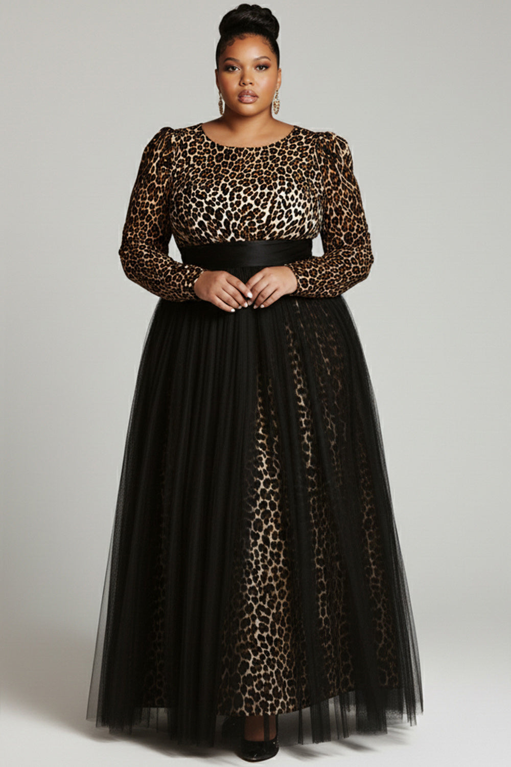Black Leopard Round Neck Long Sleeve Contrast Elegant Tulle Maxi Dresses