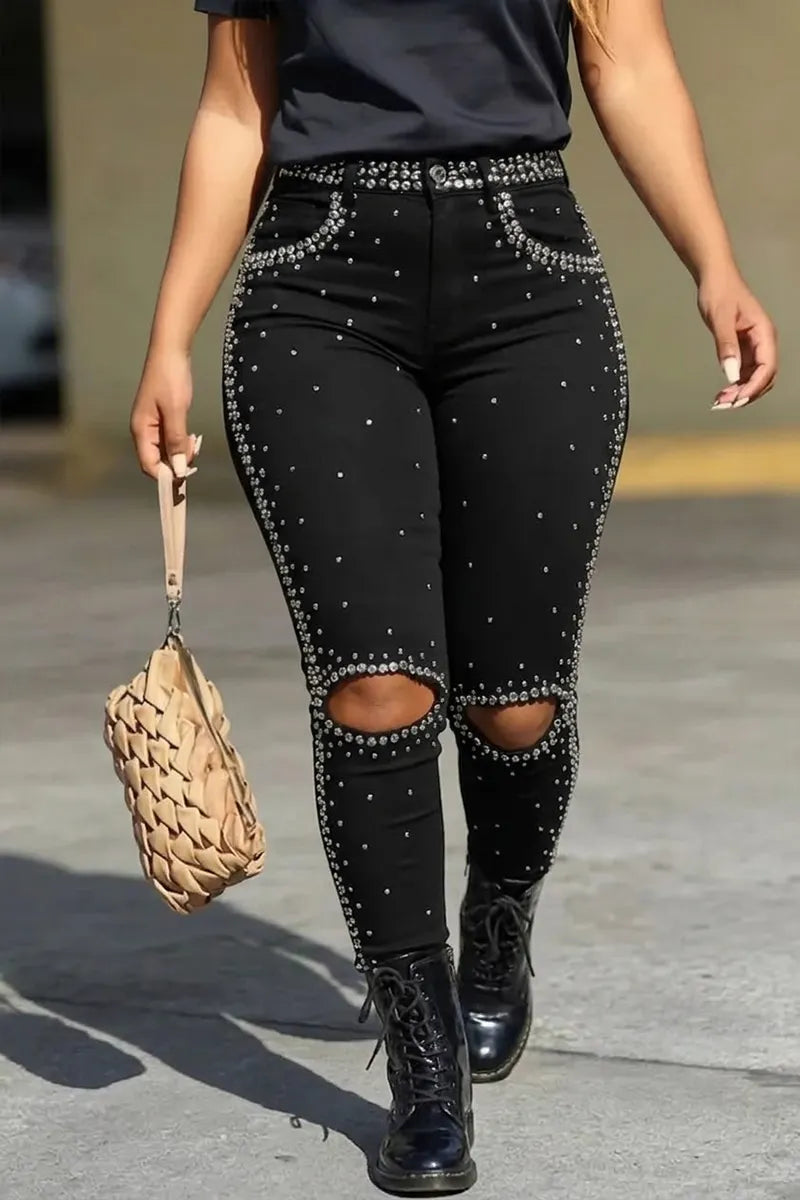 Women's Casual Rhinestone Ripped Skinny Jeans